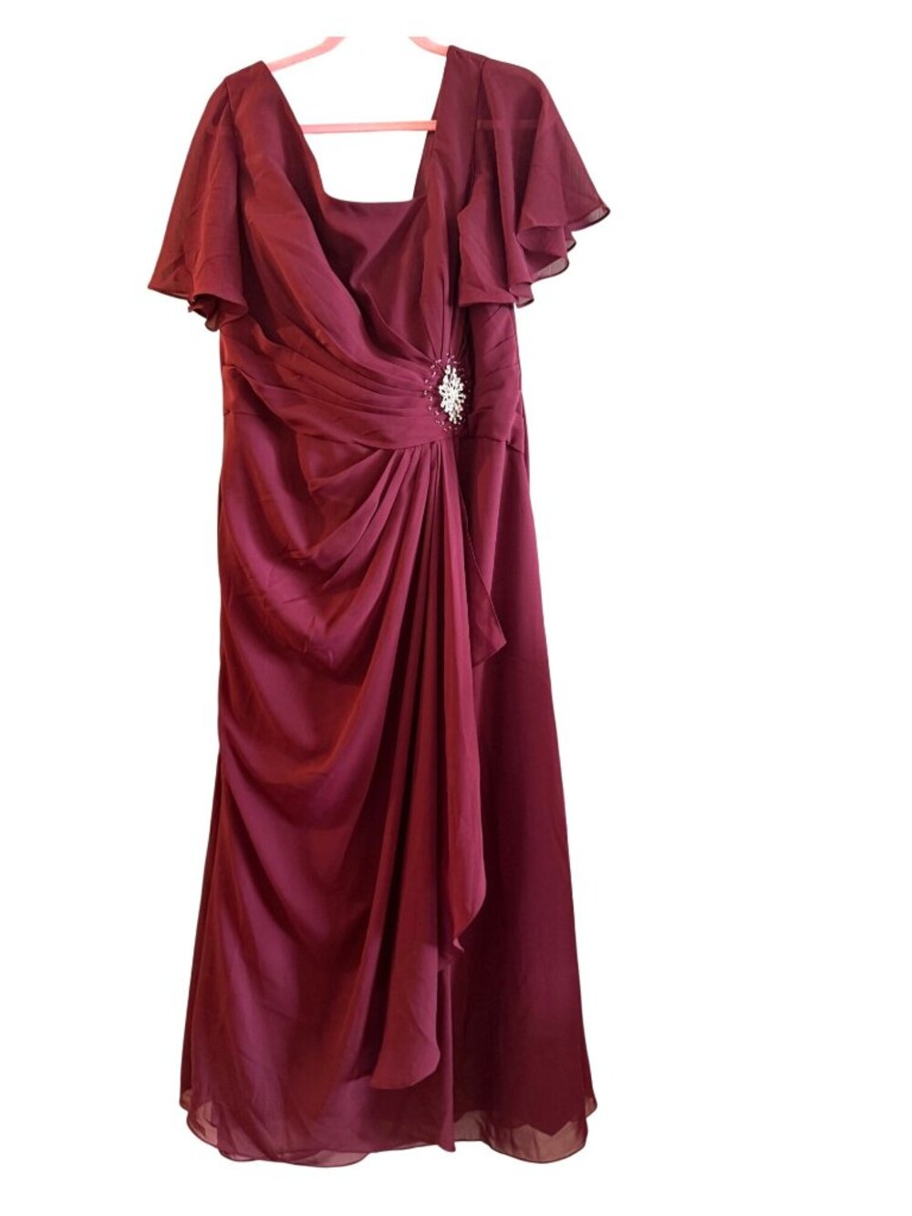 Evening Gown Burgundy Pleated Waist w Rhinestones Back Tie Chiffon  1XL